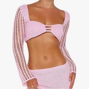Light pink crochet knit top with tie-up detail SZ; XS/S never worn